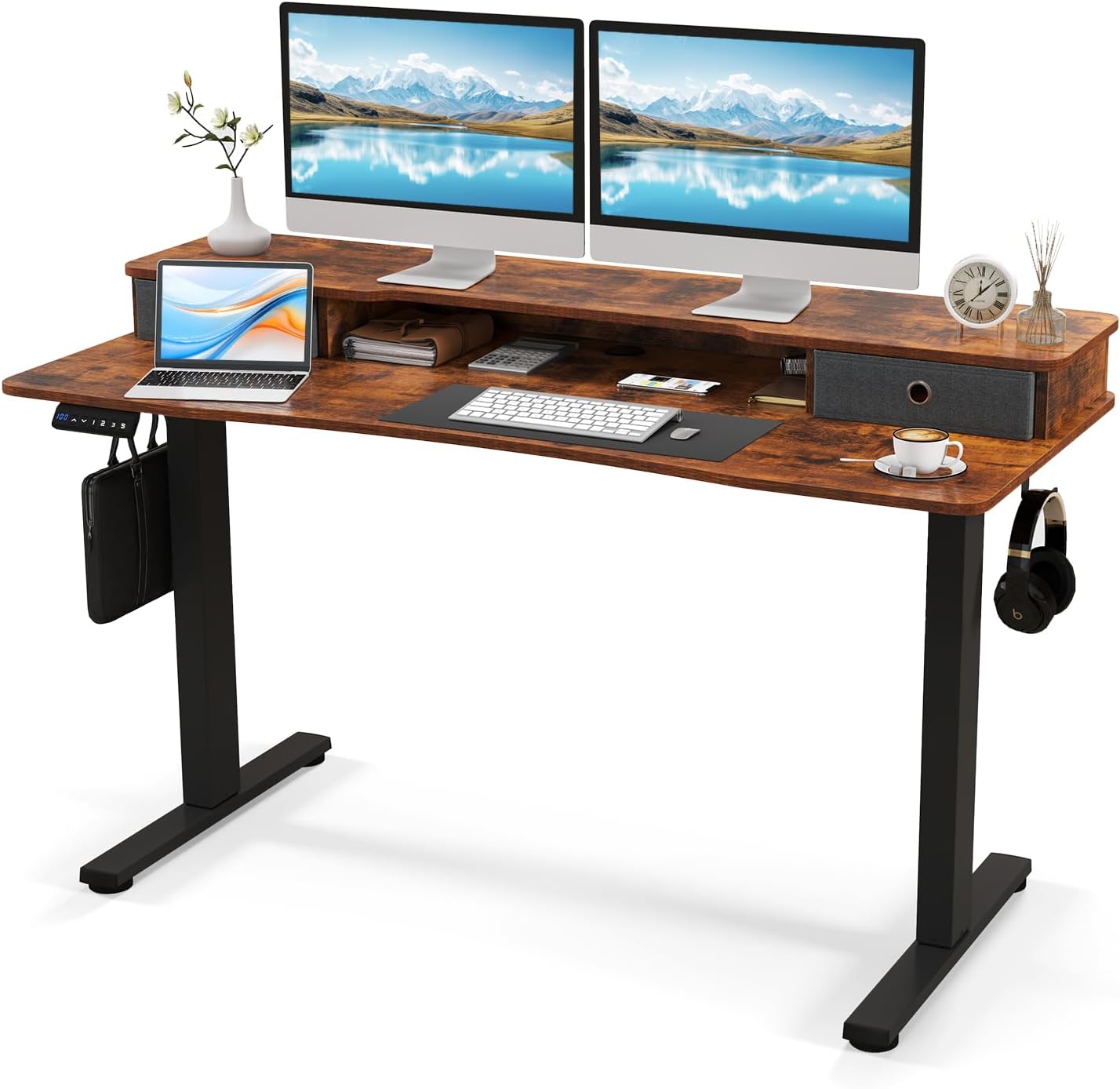 Tangkula 63" x 24" Standing Desk with Drawers, Electric Stand-up Desk with Monitor Stand, Side Hooks, 3 Memory Heights, Anti-Collision Design, Height Adjustable Sit Stand Desk for Home Office