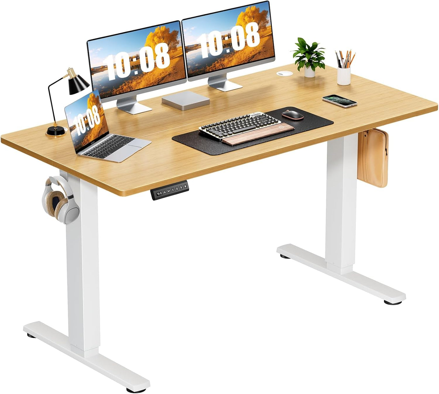 Sweetcrispy Electric Standing Desk Adjustable Height, 48x24 Inch Sit Stand Up Home Office Desks Computer Workstation PC Work Table with 3 Memory Preset Splice Wood Board Metal Frame, White