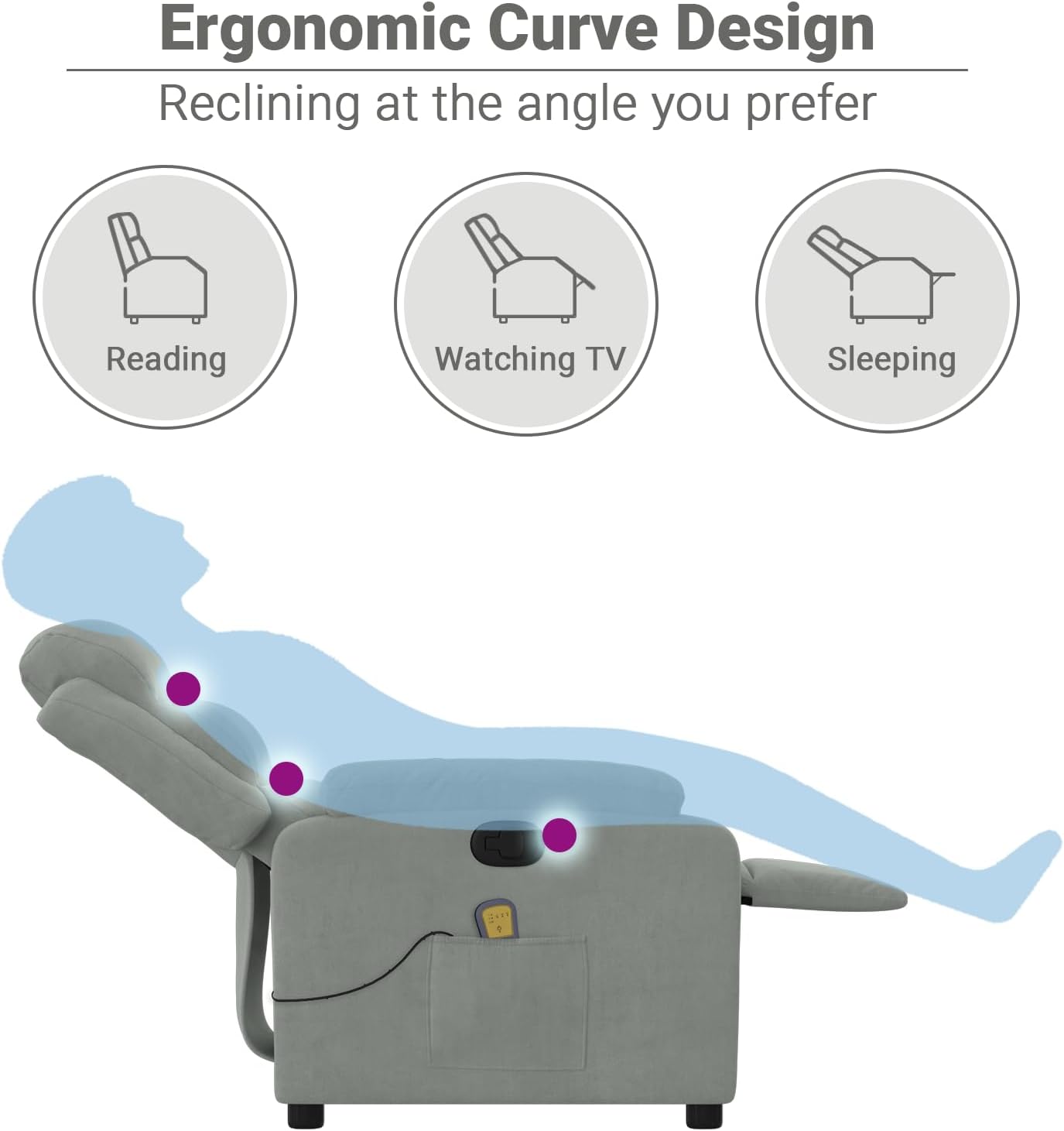 vidaXL Massage Recliner Chair with 6-Point Vibration Massage and Convenient Side Pocket, Light Grey Velvet Rocker, Adjustable Backrest & Footrest Lounge Seat for Living Room, USB Charge Port