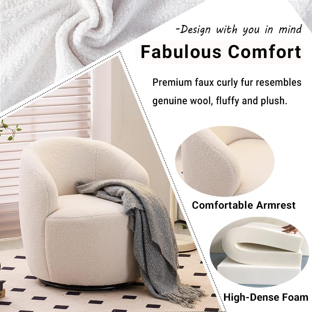 Antetek 2 Units Swivel Chair, Round Accent Sofa Chair, Club 360 Degree Swivel Barrel Chair, Modern Teddy Farbic Leisure Arm Chair for Nursery, Living Room, Hotel, Bedroom, Office, Lounge, Ivory