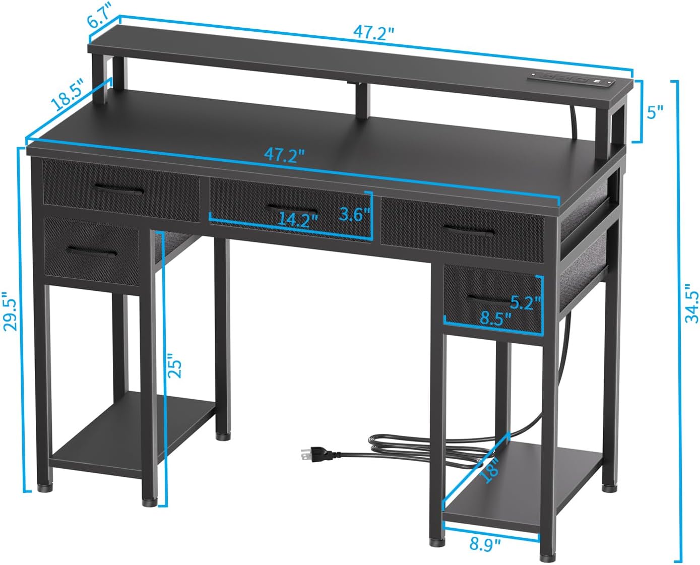 Black Computer Desk with Drawers, Gaming Desk with LED Light & Power Outlet, 47" Home Office Desk with Large Storage & Monitor Stand for Small Space