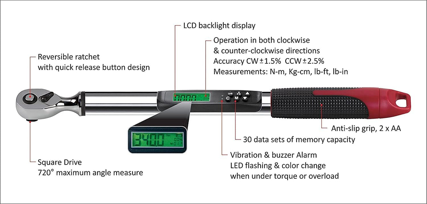 ACDelco ARM317-4A 1/2" Heavy Duty Angle Digital Torque Wrenches, Electronic Torque Wrench (1/2" 5.0 to 99.5 ft-lbs.) ISO 6789 Standards with Certificate of Calibration