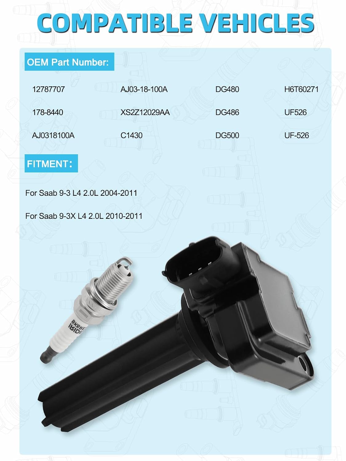 Set of 4 UF526 Ignition Coil Pack & Iridium Spark Plugs (2.0L Only) For Saab 9-3 2004-2011, 9-3X 2010-2011,Replace # 12787707 178-8440 H6T60271