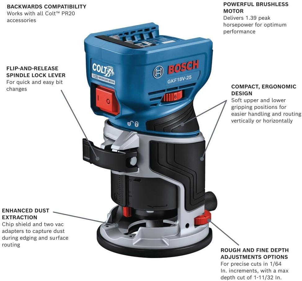 BOSCH GKF18V-25N 18V Brushless Colt™ Palm Router | Cordless Power and Precision for Woodworking Projects - Includes Dust Extraction System and Variable Speed Control (Bare Tool)