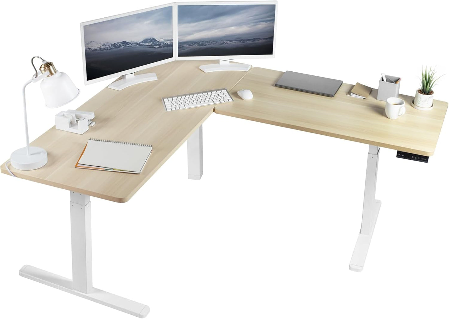 VIVO Electric Height Adjustable 83 x 60 inch Corner Stand Up Desk, 2 Light Wood Solid Table Tops, White Frame, Memory Controller, L-Shaped Workstation, 3E Series, DESK-KIT-3E8C