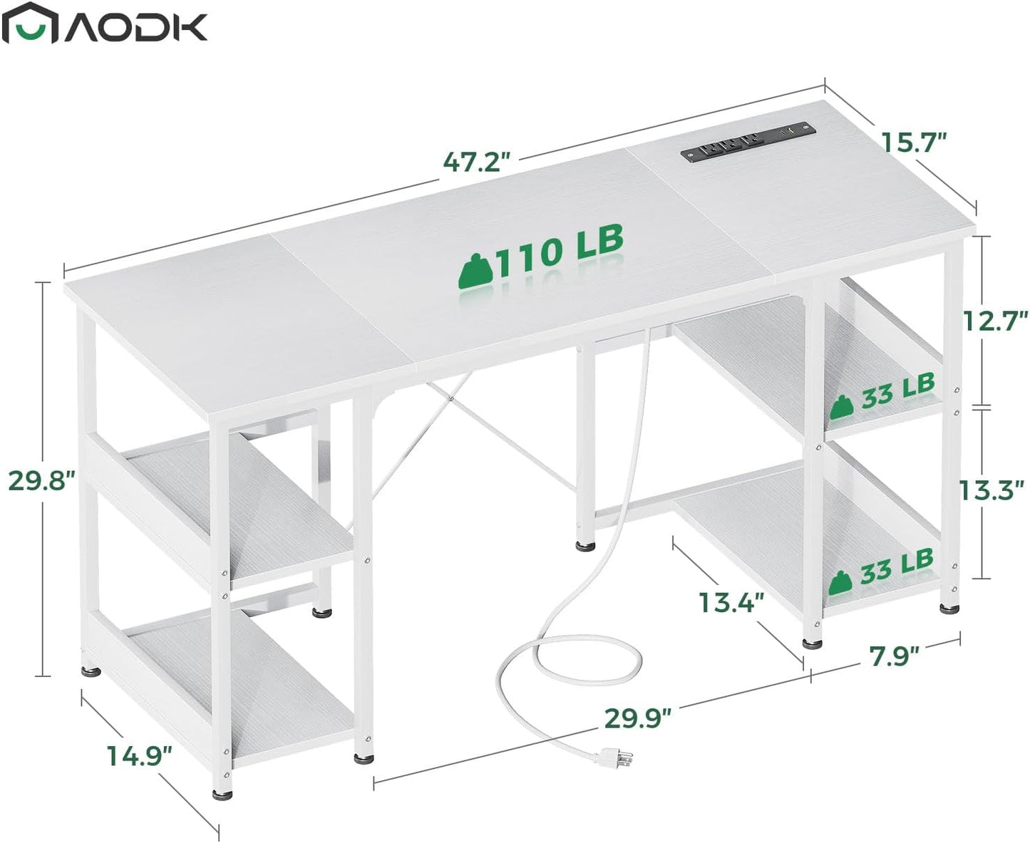 AODK 48 Inch Small Computer Desk with Power Outlets & USB Charging Port, Home Table with Storage Shelves, Student Laptop PC Desks for Small Spaces Home Office Writing Desk, Kids Desk, White