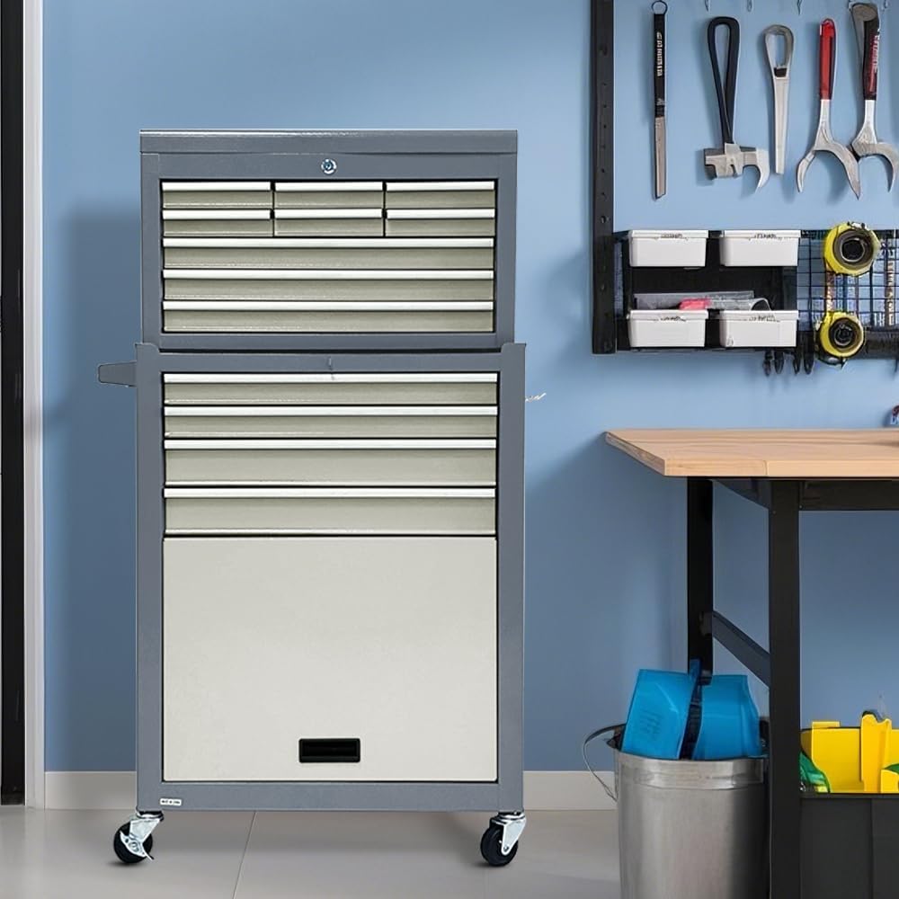 13-Drawer Rolling Tool Chest, 2 in 1 Detachable Tool Chest,Tool Box with Drawers and Wheels, Large Tool Cabinet with Lock, Metal Standing Toolbox for Garage Workshop-Gray&White