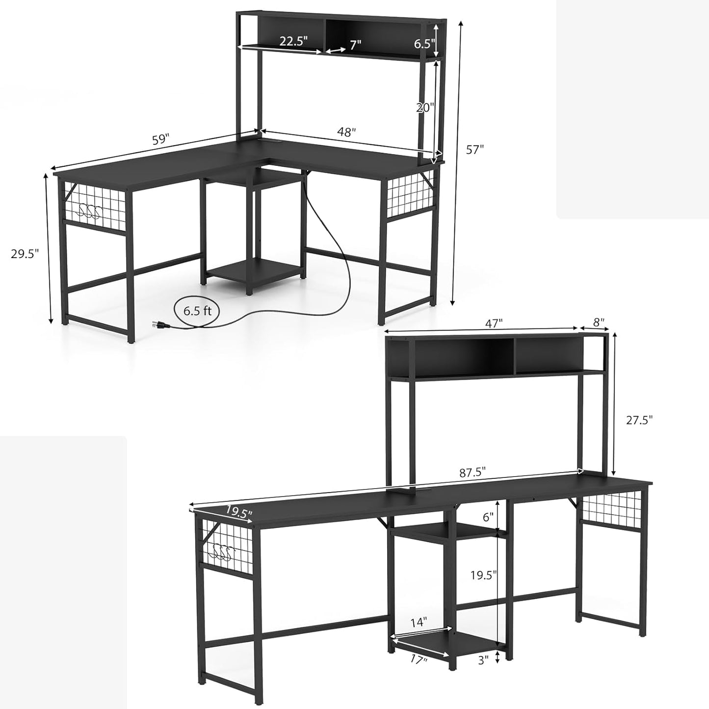 Tangkula L-Shaped Desk with Power Outlet, Large Corner Desk Converts to 2-Person Long Desk with Hutch, Computer Gaming Desk with CPU Stand & 3 Removable Hooks, for Home Office (Black)