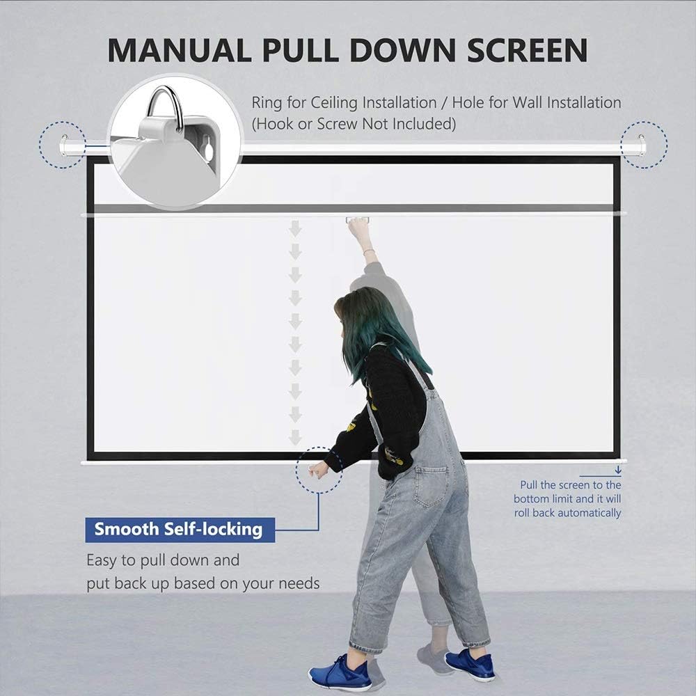 60-84 Inch 16:9 Manual Pull Down Projector Screen Self Locking Matte White Fabric Fiber Glass Movie Screen for Home Theater (Size : 60 inch) ()