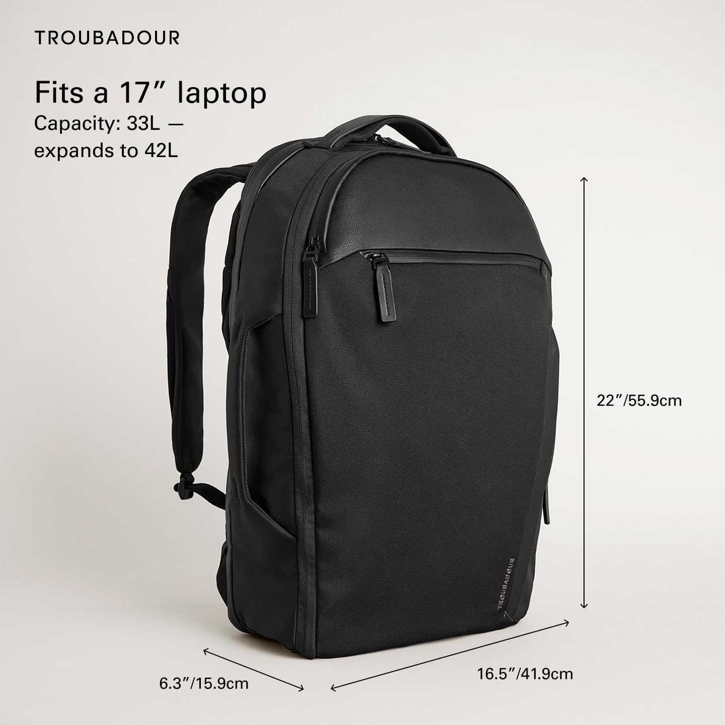 Troubadour Apex Travel Backpack - Expandable Up to 42L Capacity - Black