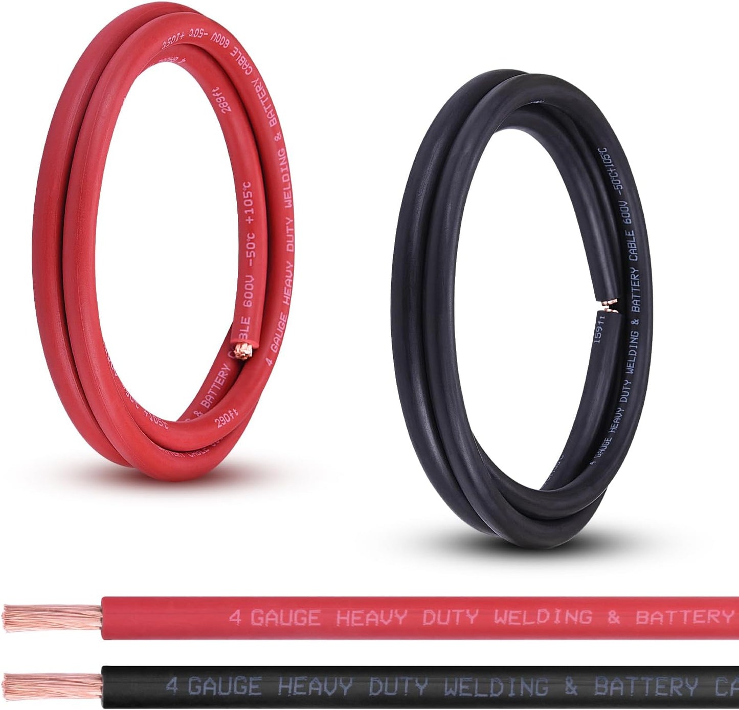 2 Gauge Battery Cable, 10FT Red + 10FT Black 2 AWG Pure Copper Wire Welding Cable, for Automotive, Battery, Solar and Generator, Standard USA OFC Wire