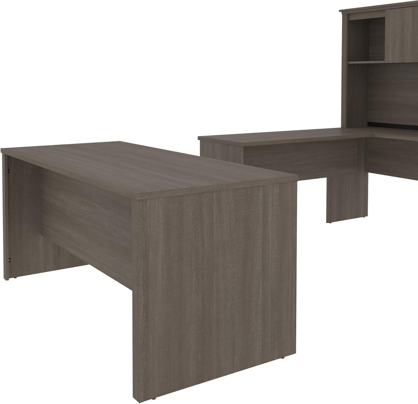 Bestar Logan 66W U or L-Shaped Executive Office Desk with Pedestal and Hutch in Bark Grey, Table Workstation for Personal Home Workspace
