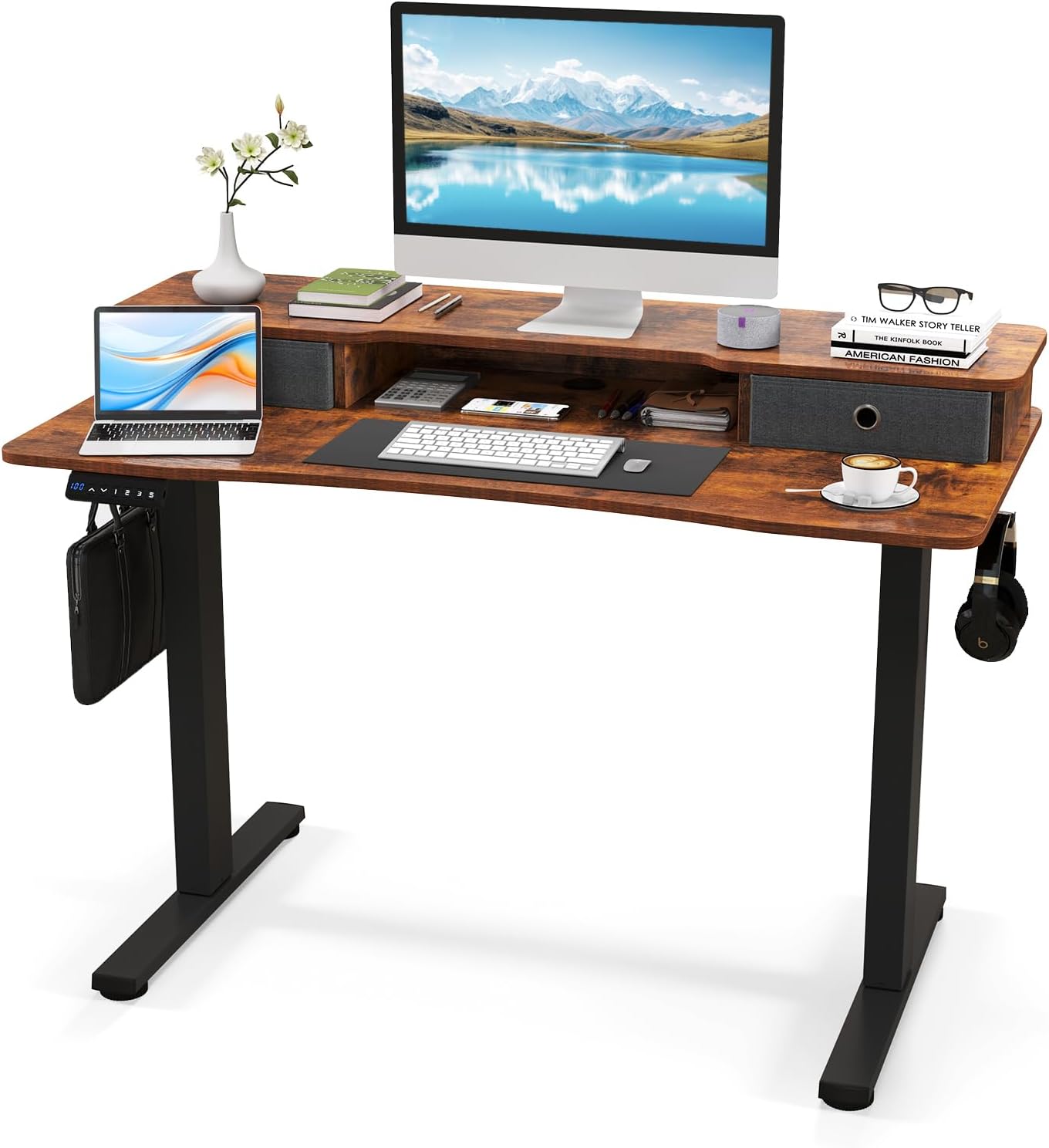 Tangkula 63" x 24" Standing Desk with Drawers, Electric Stand-up Desk with Monitor Stand, Side Hooks, 3 Memory Heights, Anti-Collision Design, Height Adjustable Sit Stand Desk for Home Office
