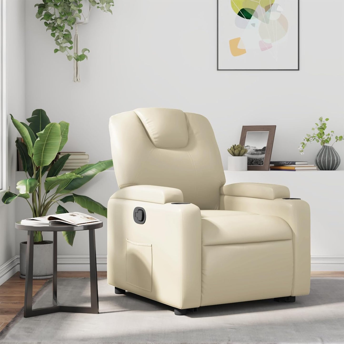 vidaXL Manual Recliner Chair for Living Room, Adjustable Recliner with Padded Seat & Backrest, Home Theater Seating with Side Pocket & Cup Holders, Cream Leather