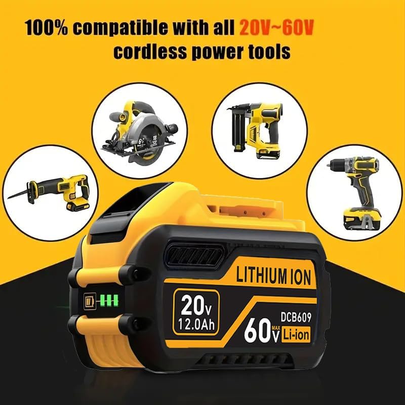 60V 12Ah 4-Pack Replacement Battery- High-Capacity Lithium-Ion for DCB612 DCB606 DCB609 Tools- Compatible with Dewalt 20V/60V Power Tools- Extended Runtime & Overload Protection