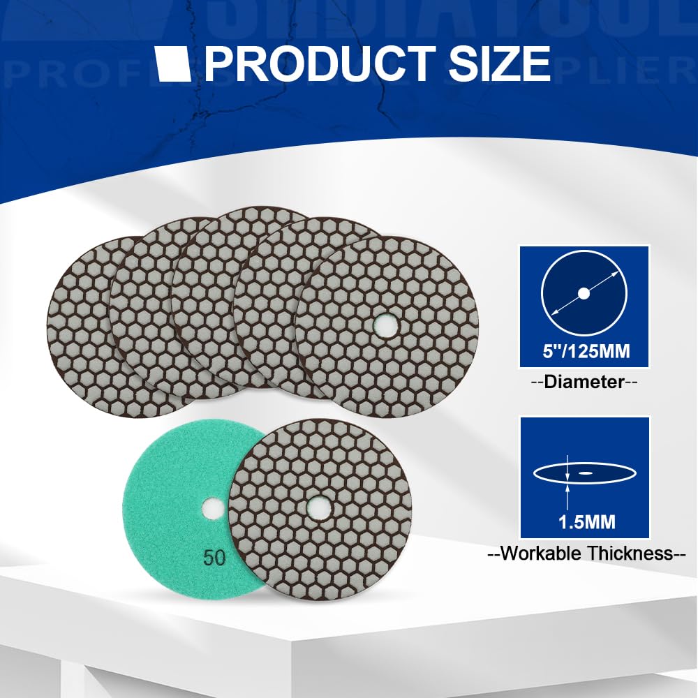 SHDIATOOL 5 Inch Dry Diamond polishing Pads Grit 50 for Granite Marble Quartz(7-Pack)