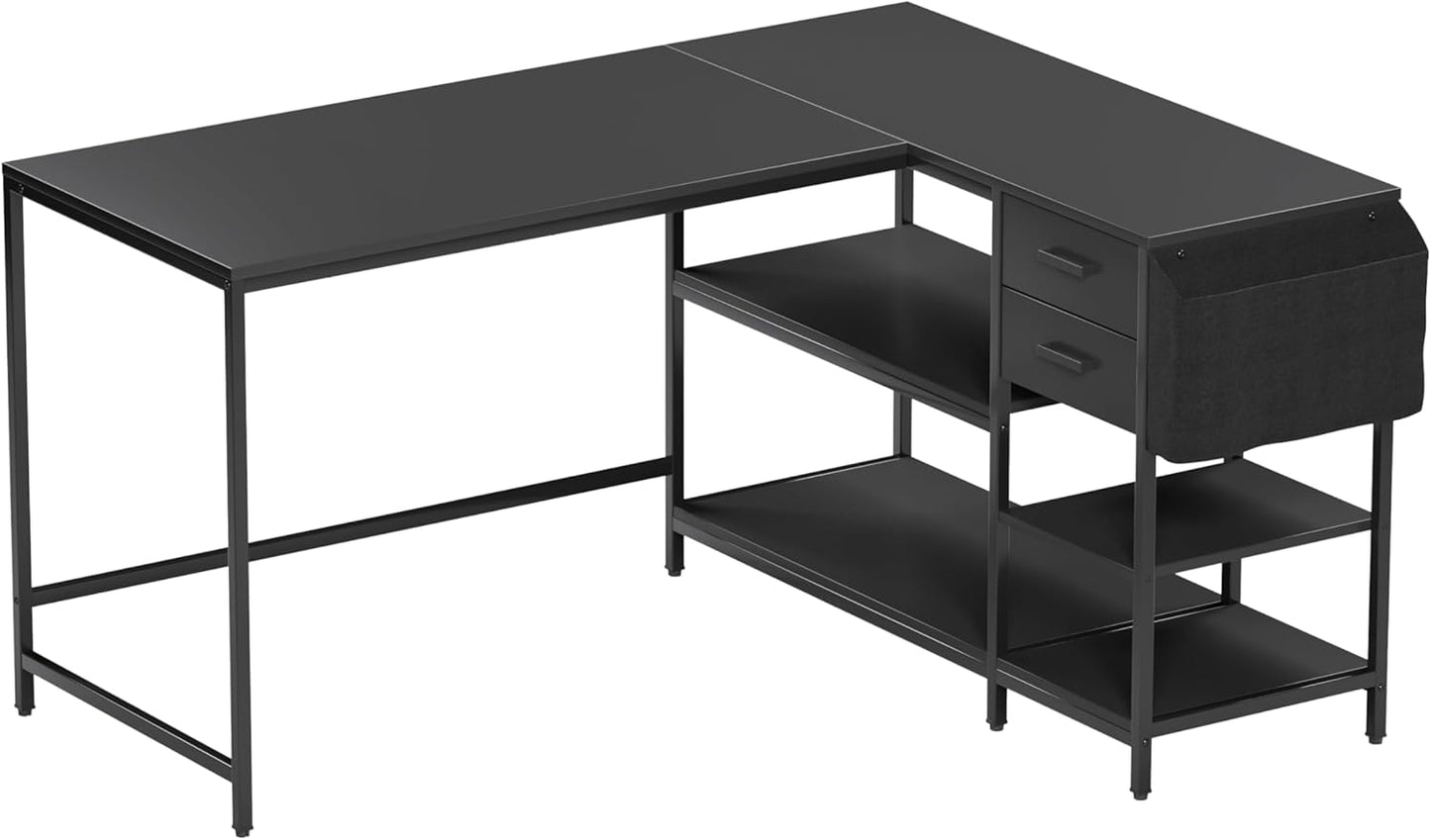 Techni Mobili Modern L-Shaped Desk with Storage, Corner Computer Desk for Home & Office with, 2 Drawers, Open Storage Shelves, Fabric Organizer & Sturdy Metal Frame, Black