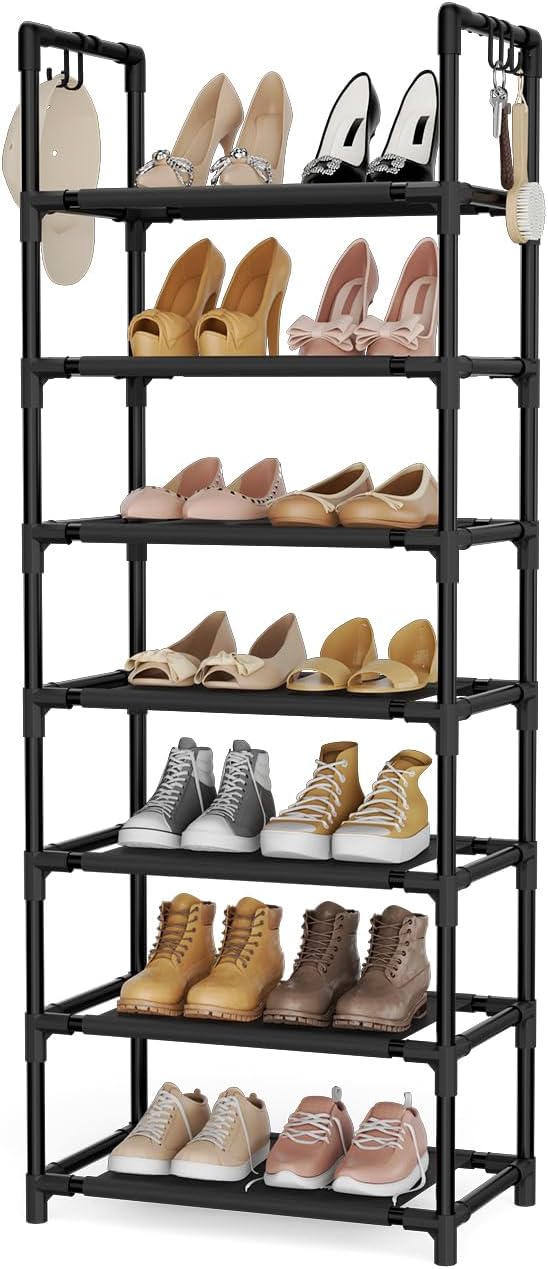 10 Tiers Tall Shoe Rack 20-25 Pairs Boots Organizer Storage Sturdy Narrow Shoe Shelf for Entryway, Closets with Hooks, Black