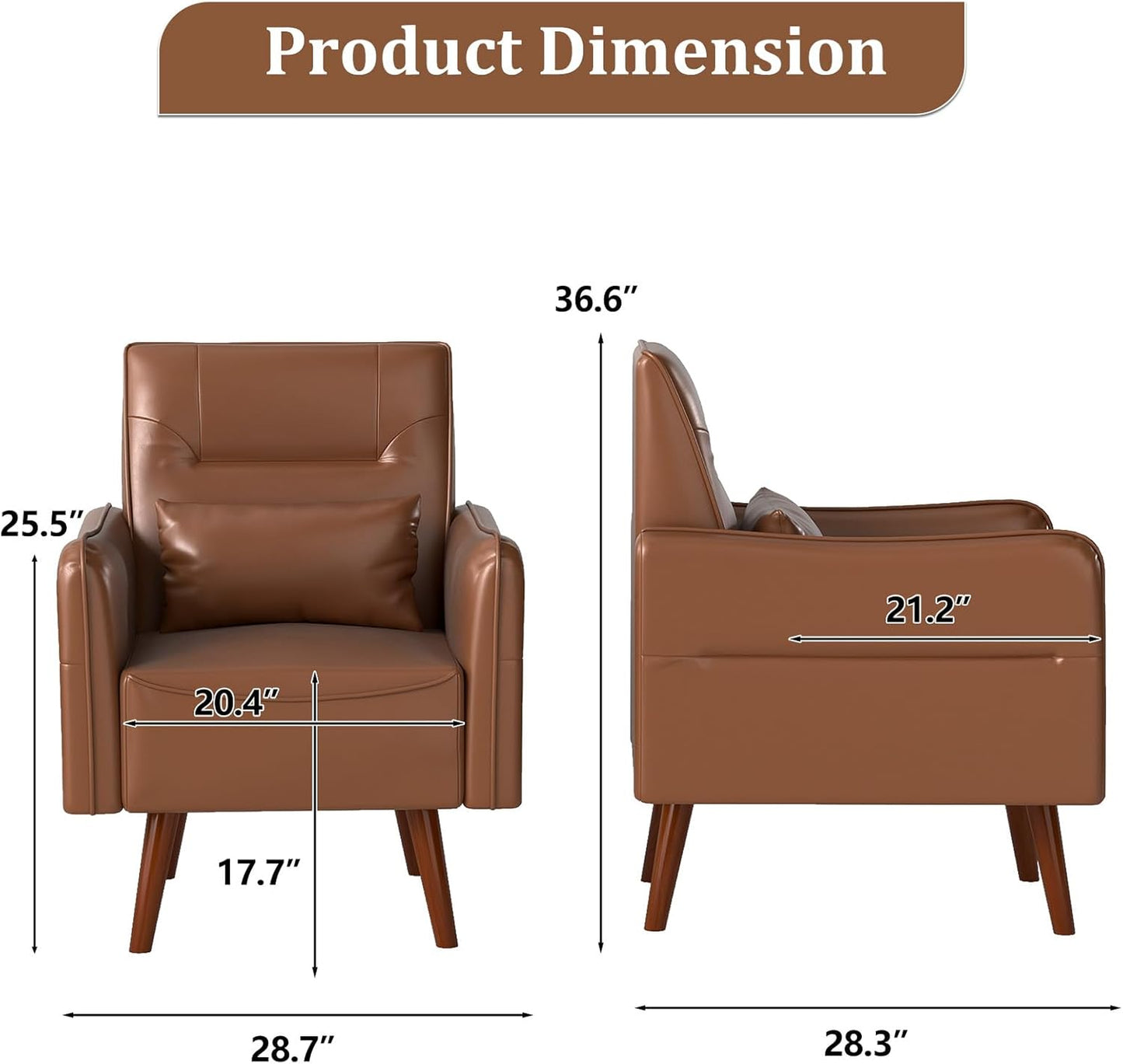 Bonzy Home Mid-Century Modern Faux Leather Accent Chair Set of 2 for Living Room,Upholstered Armchair with Pillow and Solid Wood Legs, Comfortable Lounge Chair for Bedroom or Office,Brown