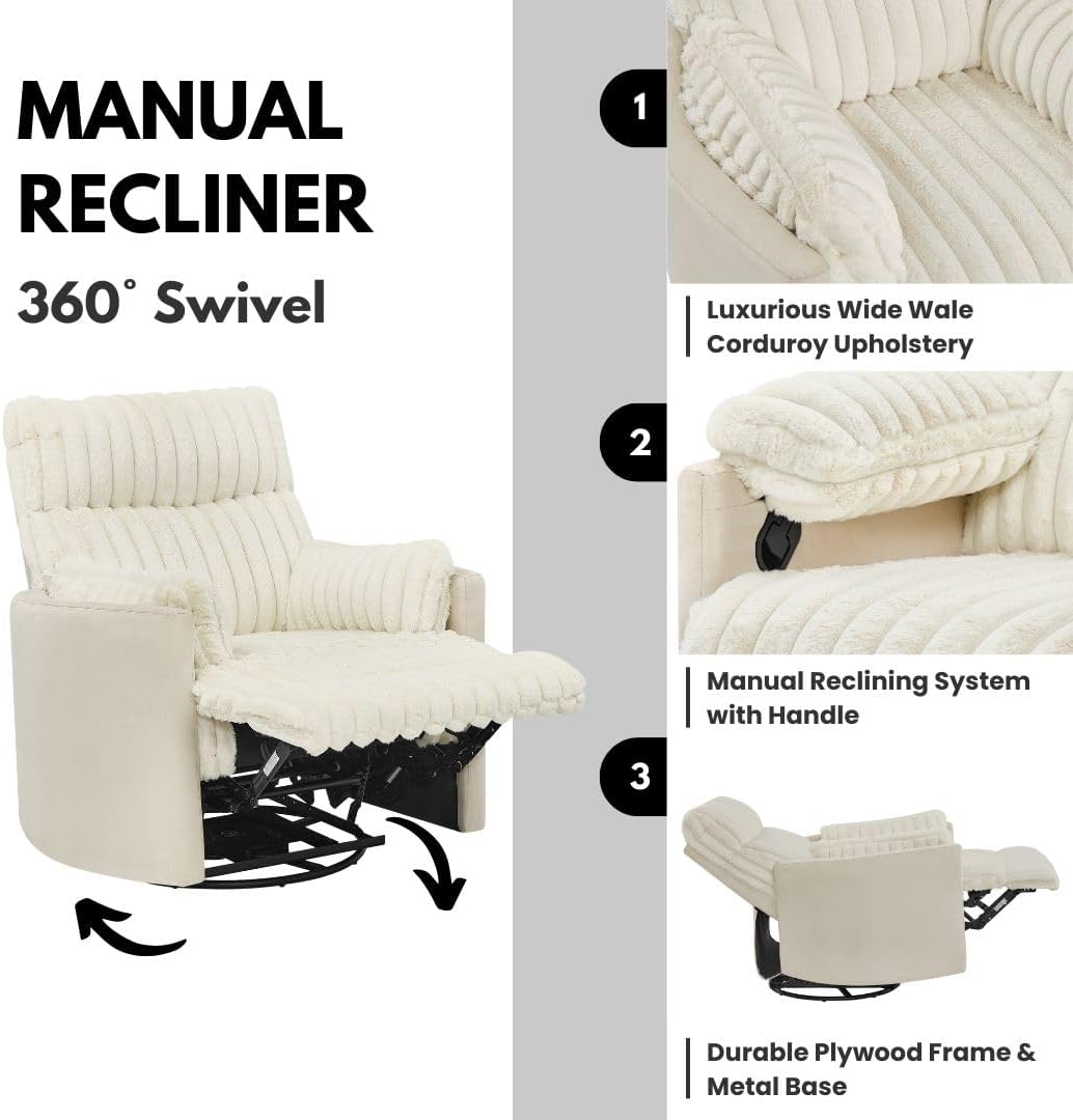 Swivel Recliner Chairs - Manual Recliner Chair with 360 Degree Rotation & Wide Wale Corduroy Design, Swivel Reclining Chair with Curved & Pillow-Top Arms, Corduroy Wide Recliner for Office (White)