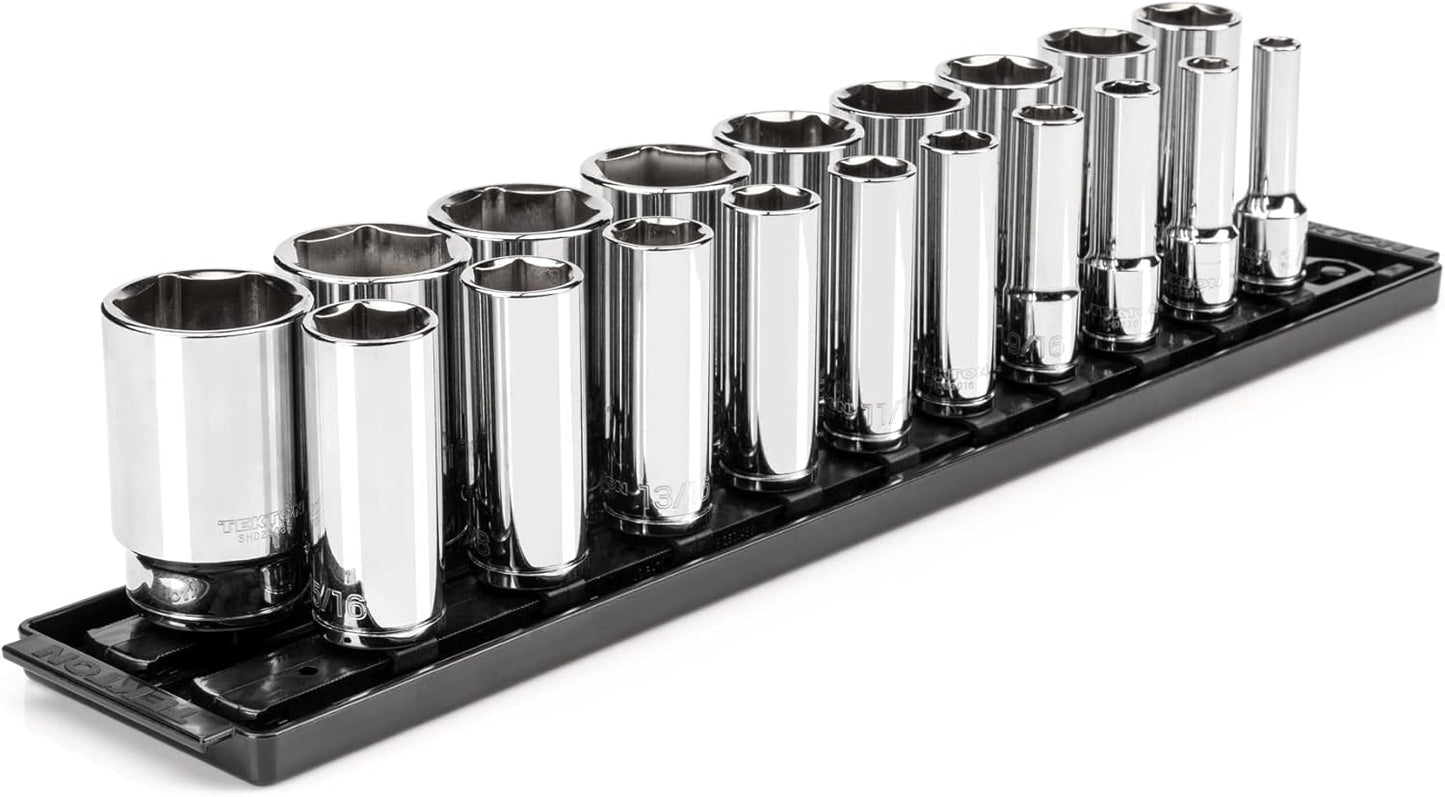 TEKTON 1/2 Inch Drive 6-Point Socket Set with Rail, 15-Piece (10-24 mm) | SHD92102