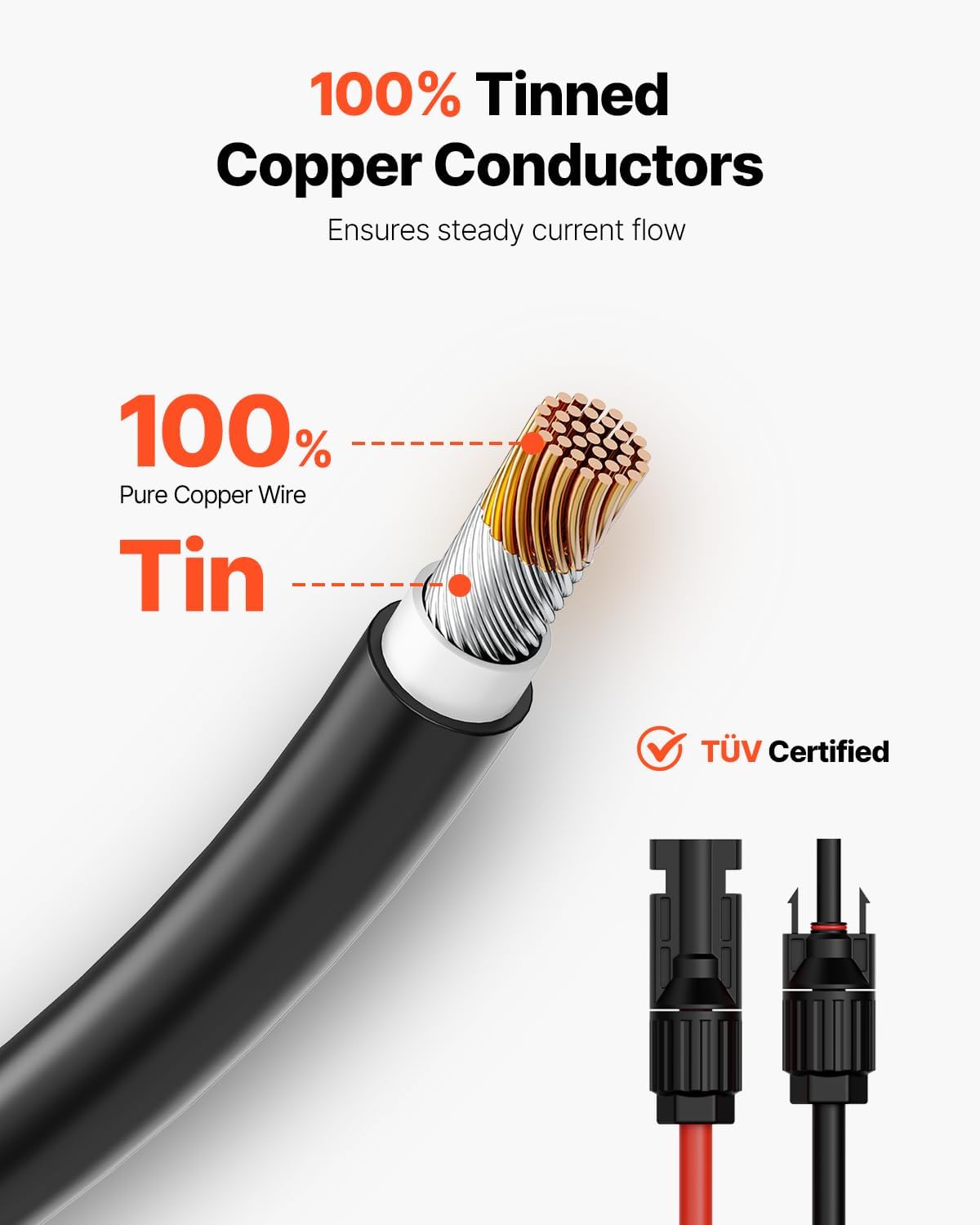 VEVOR 50FT Solar Panel Extension Cable, 10AWG Solar Extension Cable Wire with Female & Male Waterproof Connectors, 6mm² PV Cable for Home, Ship and RV Solar Panels, 50FT Black + 50FT Red (Set of 2)