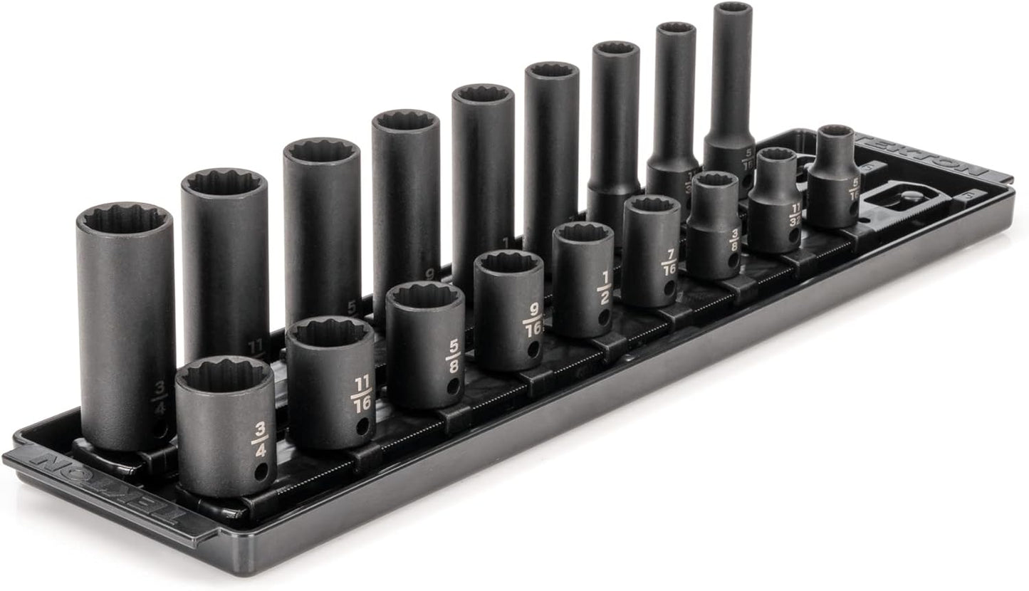 TEKTON 3/8 Inch Drive 12-Point Impact Socket Set with Rails, 68-Piece (1/4-1 in., 6-24 mm) | SID91219