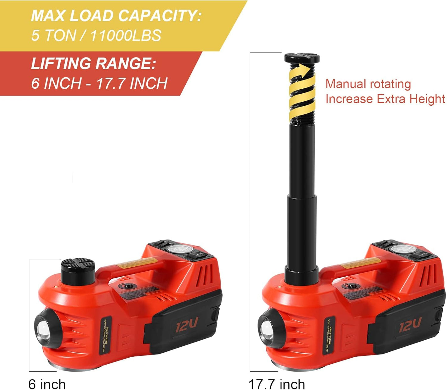 TYAYT 5 Ton Electric Hydraulic Car Jack Kit, Portable with LED Light, Compatible with Car, SUV, Truck, Lifting Range 6-17.7 Inches (Red)