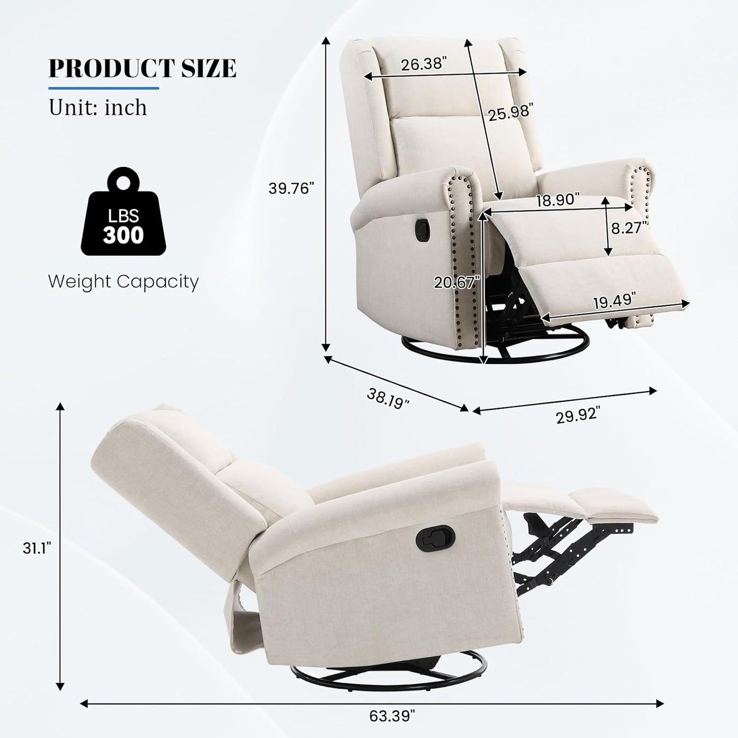 Antetek Swivel Rocking Recliner Chair, Velvet Nursery Glider Chair with Footrest/High Back, Manual Wingback Upholstered Nursery Rocking Chairs for Living Room, Nursery, Bedroom, Ivory