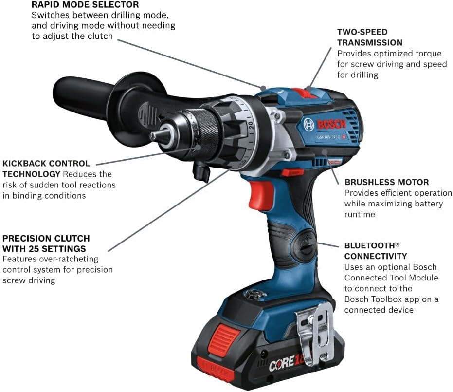 BOSCH GSR18V-975CB25 18V Brushless Connected-Ready 1/2 In. Drill/Driver Kit with (2) CORE18V 4 Ah Advanced Power Batteries