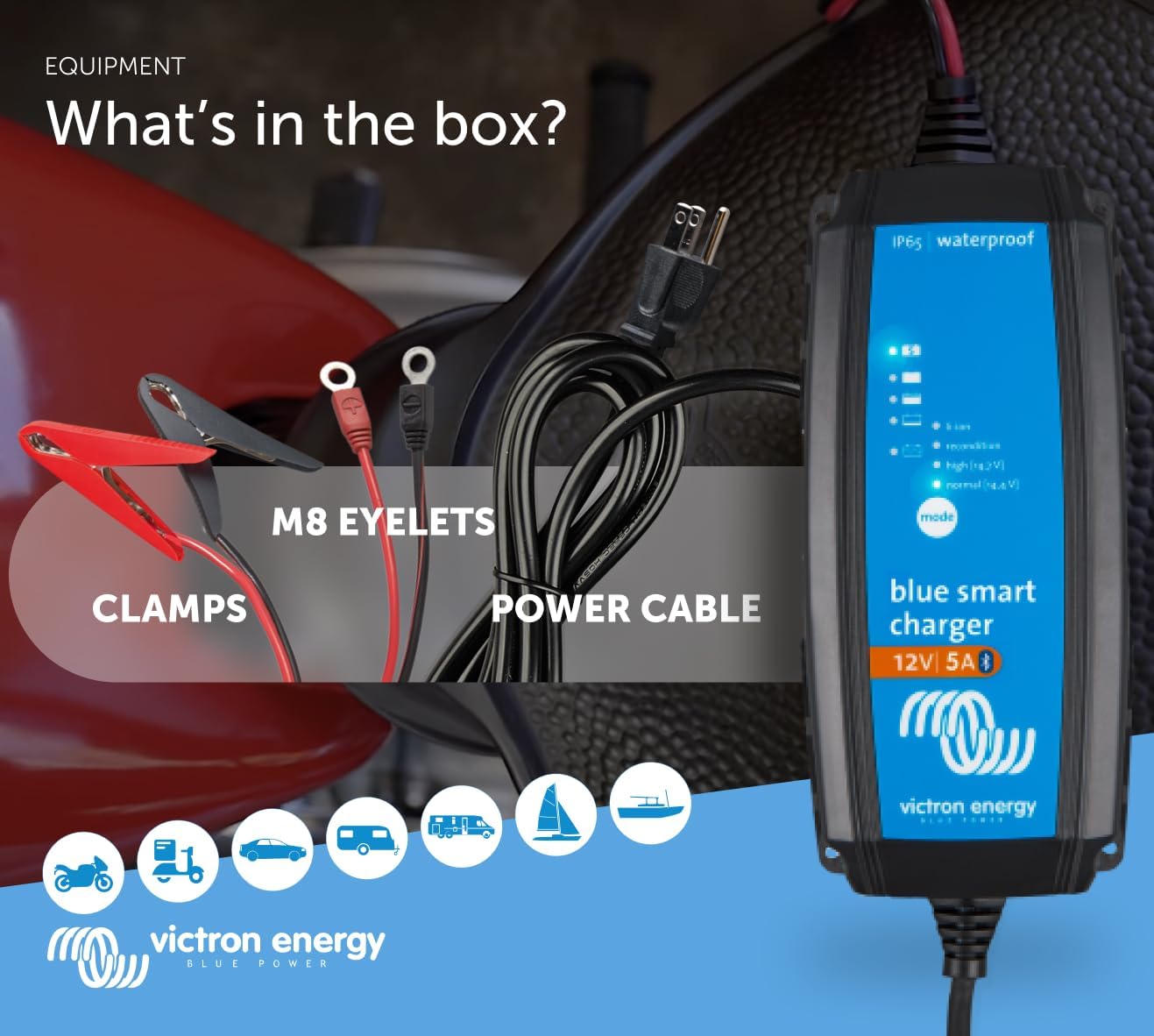 Victron Energy Blue Smart IP65 Smart Car Battery Charger 12V 5A, Float & Trickle Charger and Desulfator for Motorcycle, ATV, RV, Lithium and Deep Cycle Batteries