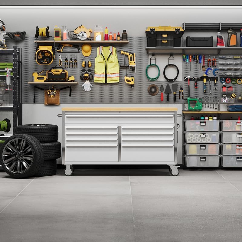 61 inch Rolling Tool Chest, Garage Workbench with 15 Drawers, Solid Rubber Wood Top & with Wheels Lock Key Locking, Mobile Workstation Tool Cabinet for Workshop Storage