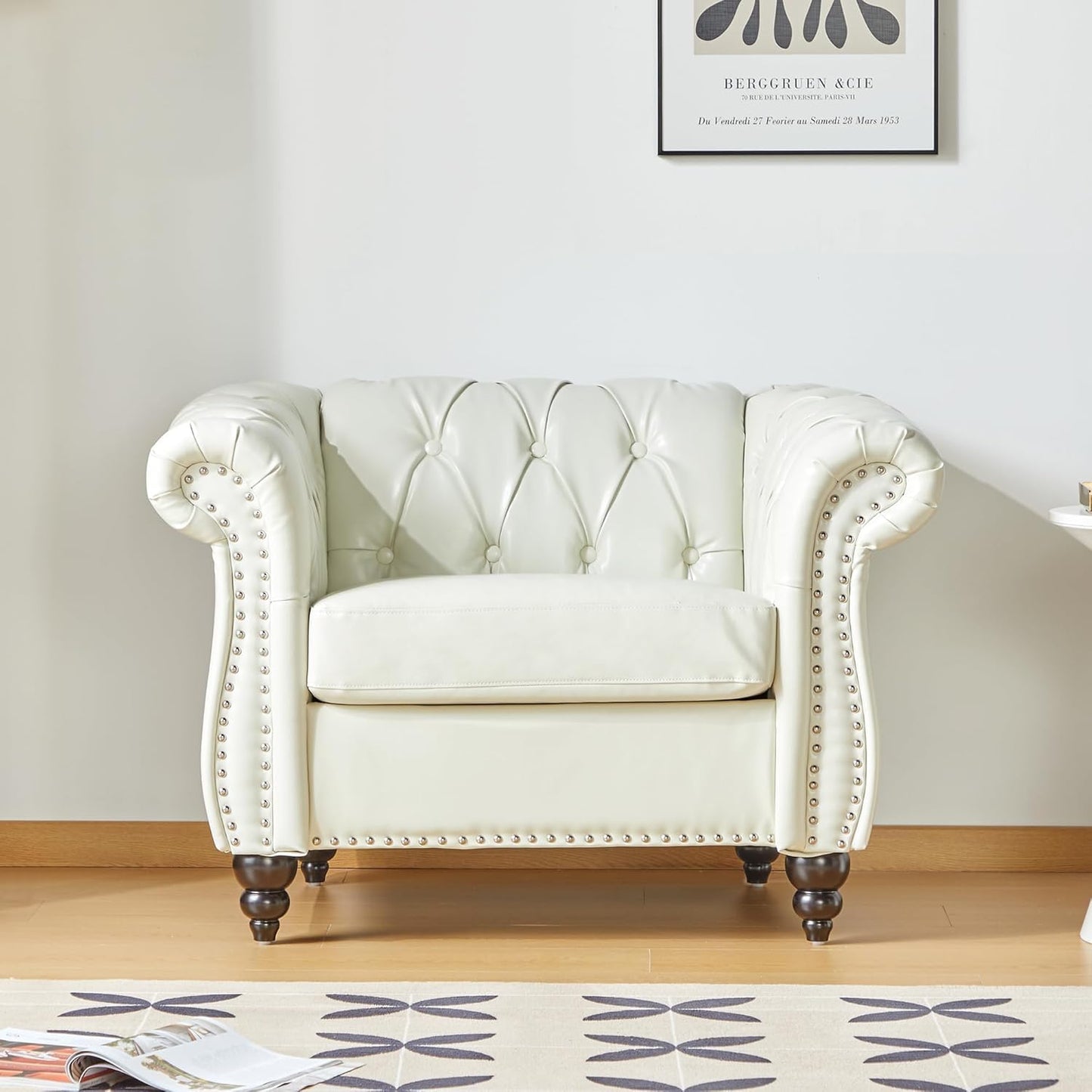 AVZEAR Modern Upholstered Accent Chair, Mid-Century Modern Armchair Single Sofa Chair, Tufted Lounge Reading Chair with Pillow for Living Room, Bedroom, Office (White)