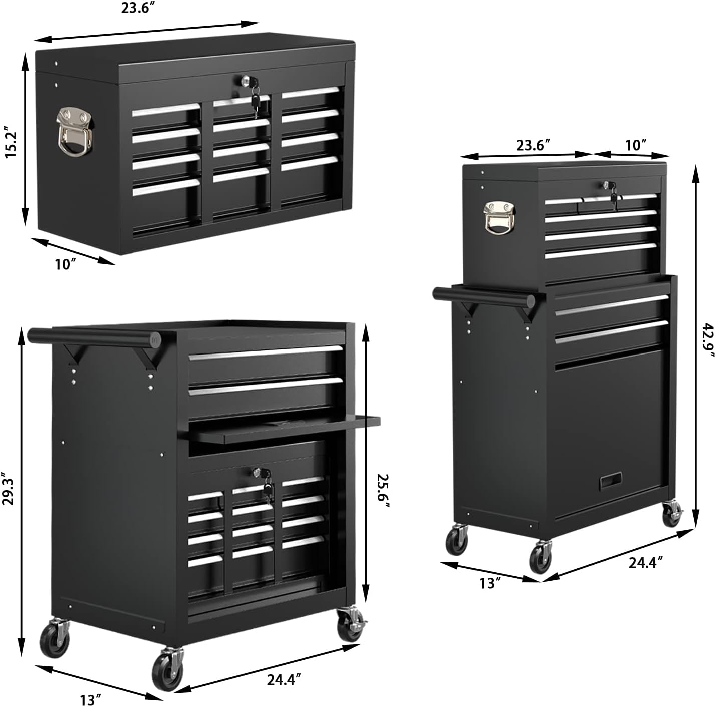 8-Drawer High Capacity Rolling Tool Chest, Removable Cabinet Storage Tool Box with Wheels and Drawers, Detachable Toolbox with Lock for Workshop Mechanics Garage (Black)