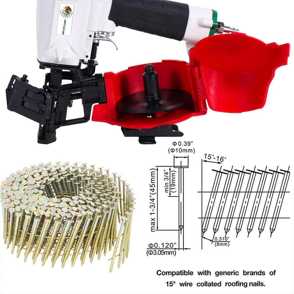 BHTOP Mexican CN45N Roofing Nailer, 15 Degree Roofing Nail Gun, 3/4-Inch to 1-3/4-Inch Coil Nails, 120-pcs Load Capacity Coil Naile (Green/Red)