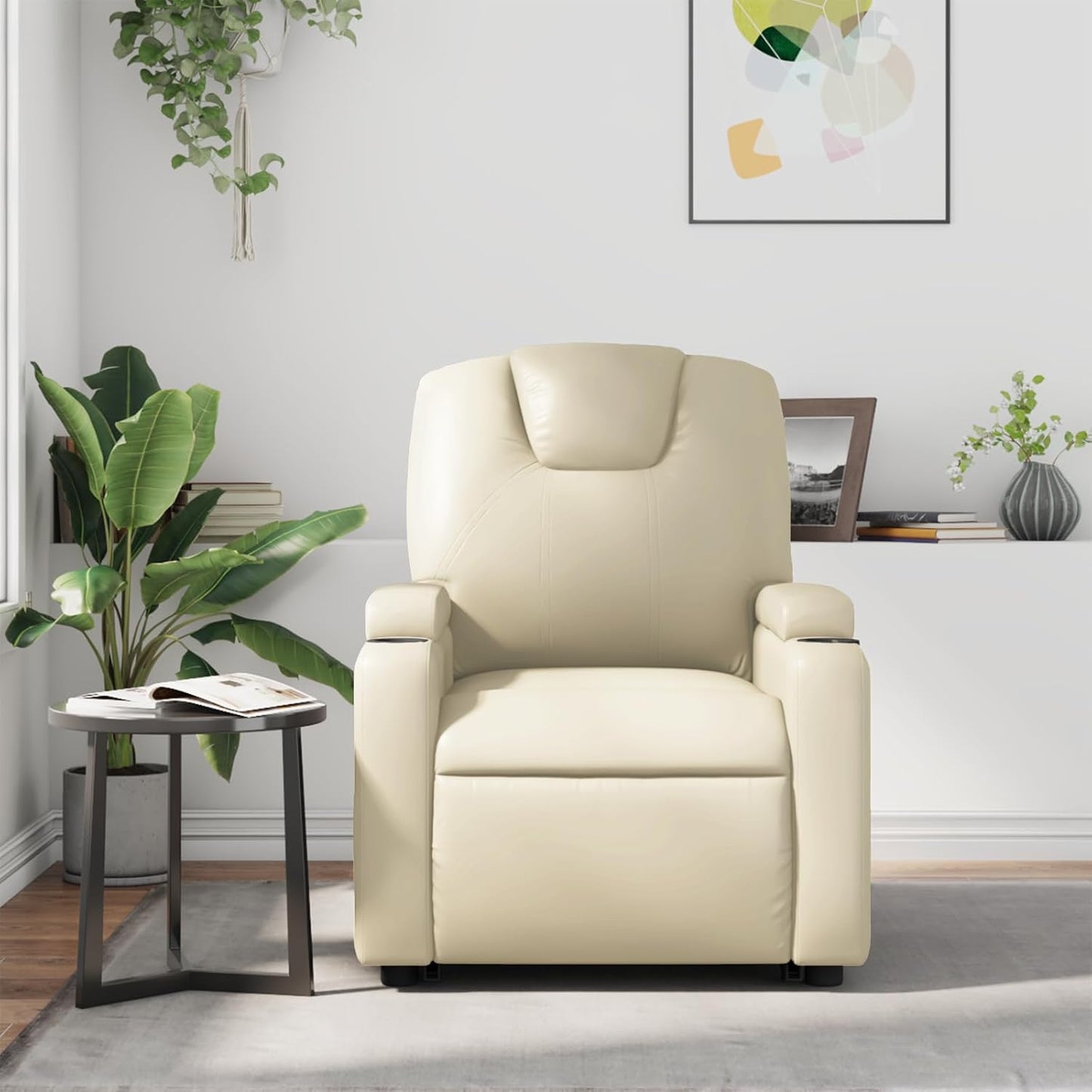 vidaXL Manual Recliner Chair for Living Room, Adjustable Recliner with Padded Seat & Backrest, Home Theater Seating with Side Pocket & Cup Holders, Cream Leather