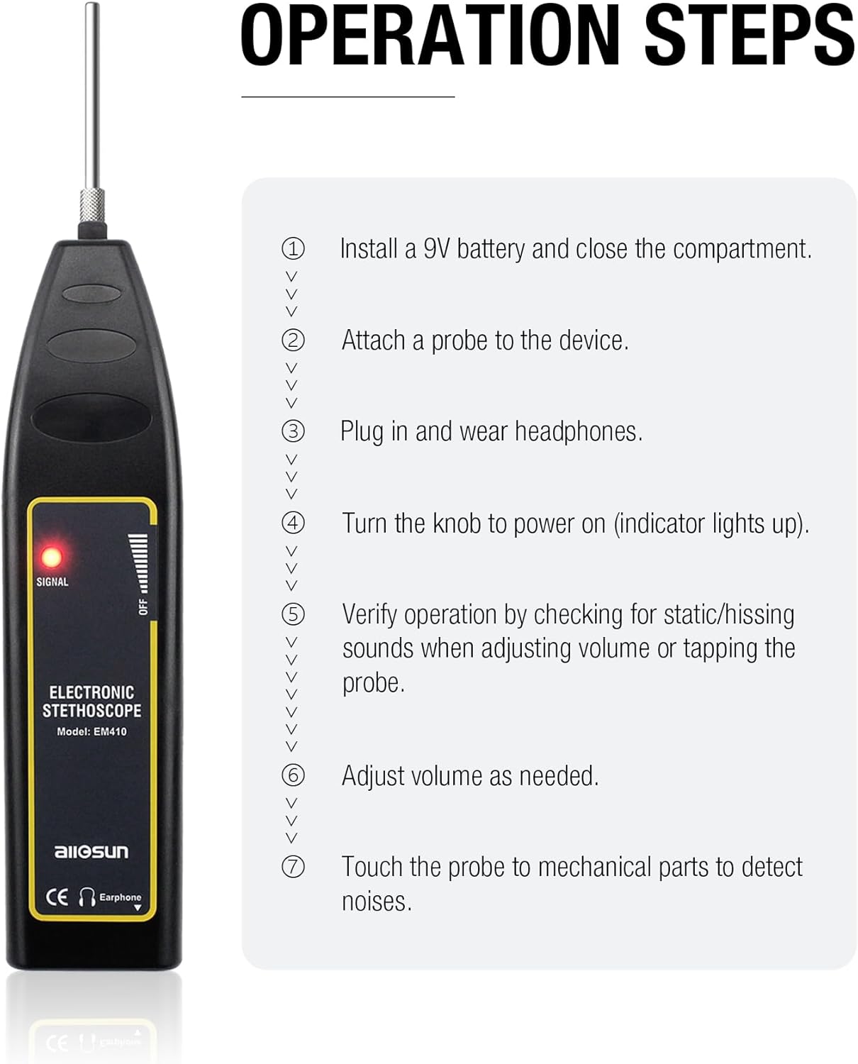 ALLOSUN Automotive Electronic Mechanics Stethoscope Electronic EAR Diagnostic Device Kit EM410 with Short and Long probe
