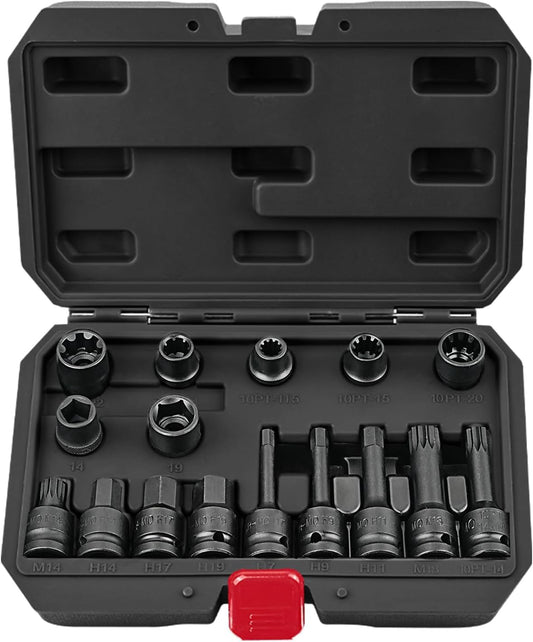 BILITOOLS 16-Piece Impact Brake Caliper Socket Set, 1/2" Drive Brake Adjusting Tool Compatible with Audi Porsche VW BMW Ford