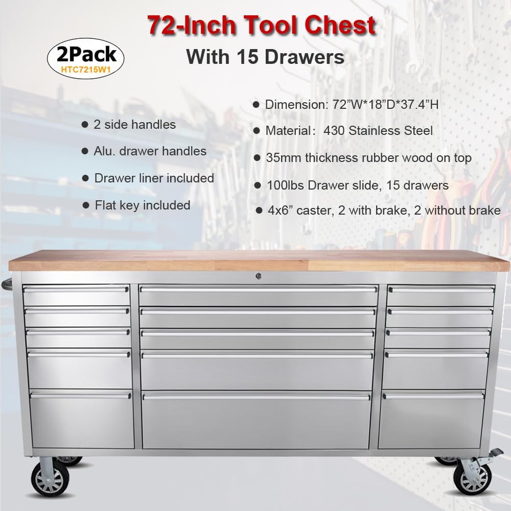 2 Pack - 72" Stainless Steel Rolling Tool Chest with 15 Drawers, Mobile Workbench, Assembled Large Tool Box Lockable Storage Cabinet with Wheels for Garage Workshop (2 × HTC7215W1)
