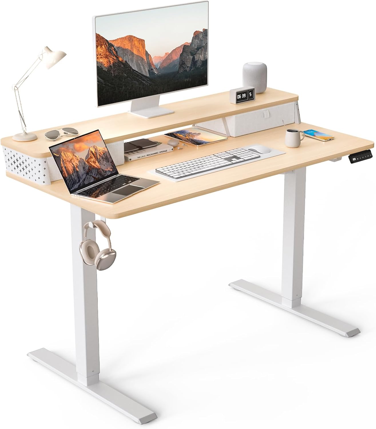 48"x 24" Standing Desk with Drawers, Easy Assembly Design, Adjustable Height Sit Stand Up Desk, Home Office Table with C-Clamp Mount Compatible, 3 Preset Heights & 2 Hooks(Rustic Brown)