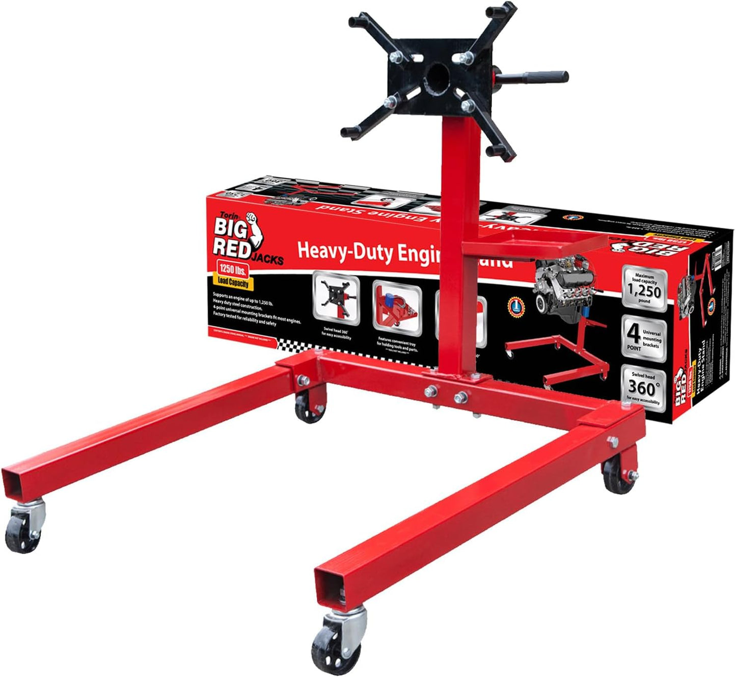 BIG RED T23401-1 Torin Engine Stand: Steel Rotating Engine Lift Stand with 4 Adjustable Arms and 360 Degree Rotating Head, 3/8 Ton (750 lb) Capacity - Red