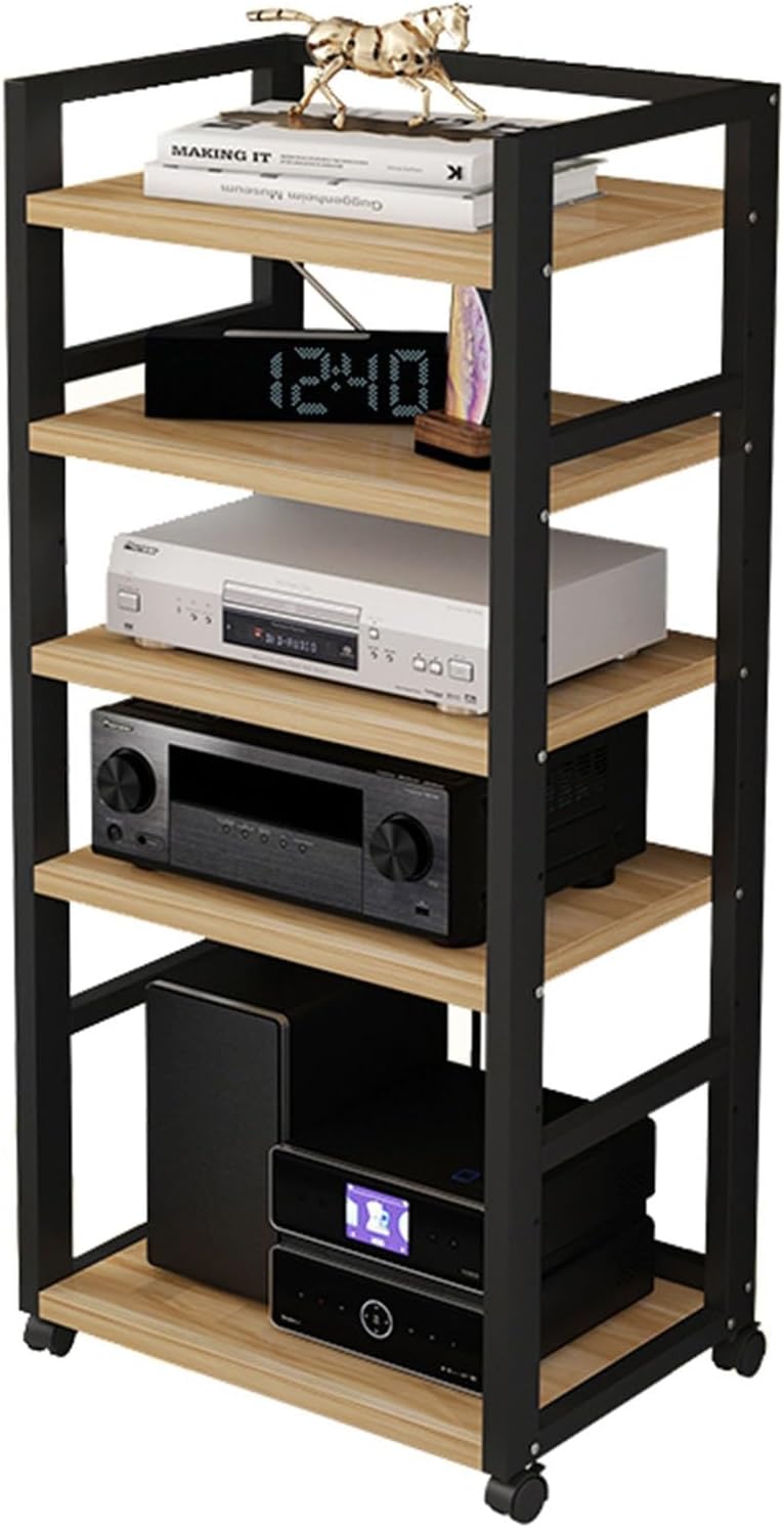 5-Tier Movable Audio/Video Media Stand Center CD Player Stand Stereo Component Storage Cabinet Audio Tower with Height Adjustable Wooden Shelf for Home/Office/Theater,A