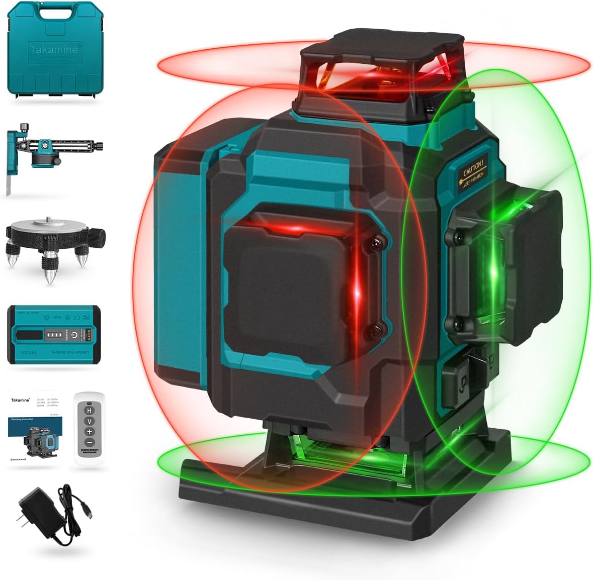 Takamine 16 Lines Green Laser Level Pro, 4x360° 4D Green Cross Line Professional for Construction, Two 360° Vertical and Two 360° Horizontal Laser Level Pulse Mode and Remote Controller
