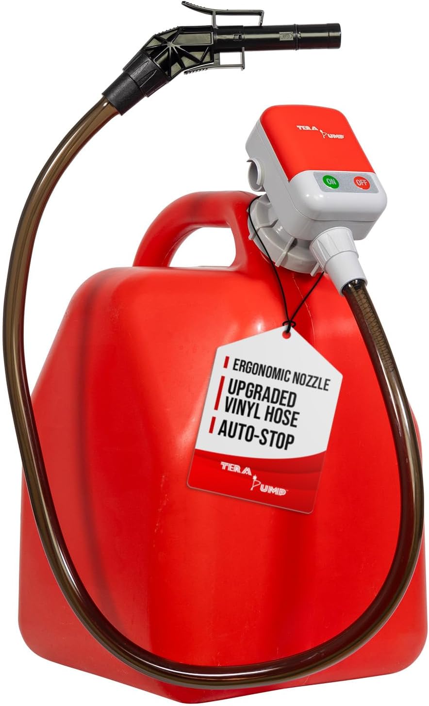 TERA PUMP TRFA01-XL 2nd Gen. Battery Powered Overfill Protection Fuel Transfer Pump w/Universal Gas Can & Utility Jug Adapter, 4.27ft Vinyl Hose, 2.5 GPM for Gas Diesel E15 E85 Fuels