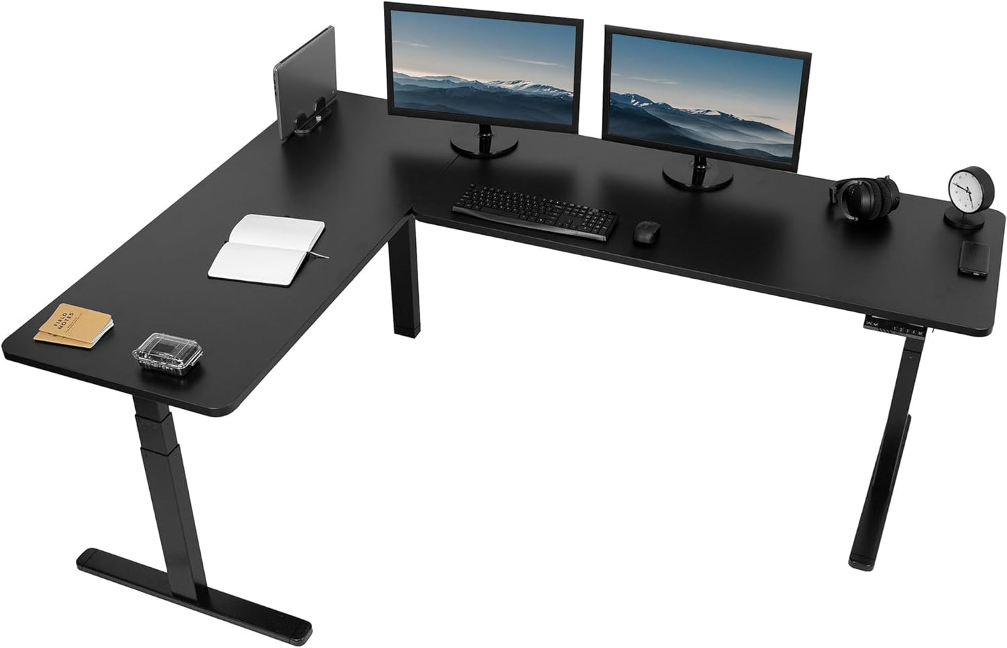 VIVO Electric Height Adjustable 83 x 60 inch Corner Stand Up Desk, 2 Light Wood Solid Table Tops, White Frame, Memory Controller, L-Shaped Workstation, 3E Series, DESK-KIT-3E8C