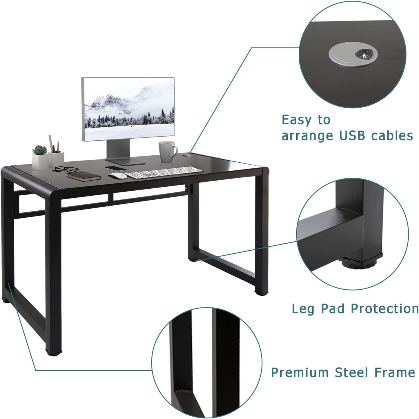 TY ARTS & CULTURE Computer Desk 47.2" Tempered Glass Desk Study Writing Table Personal Workstation Home Office Desk, Modern PC Laptop Desk USB Accessory Attribute Professional Office Desk Black Desk