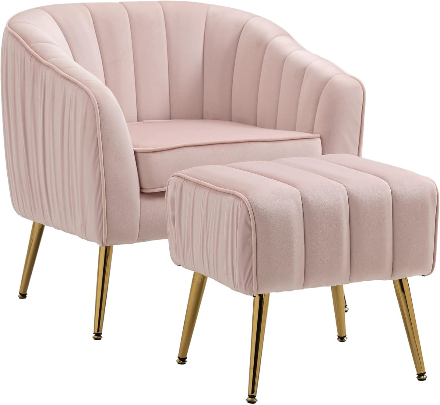 Yoluckea Modern Velvet Tub Barrel Chair with Ottoman Mid Century Upholstered Single Sofa Armchair Comfy Accent Living Room Chair with Ottoman Footrest Set for Bedroom Reading Room - Blush Pink