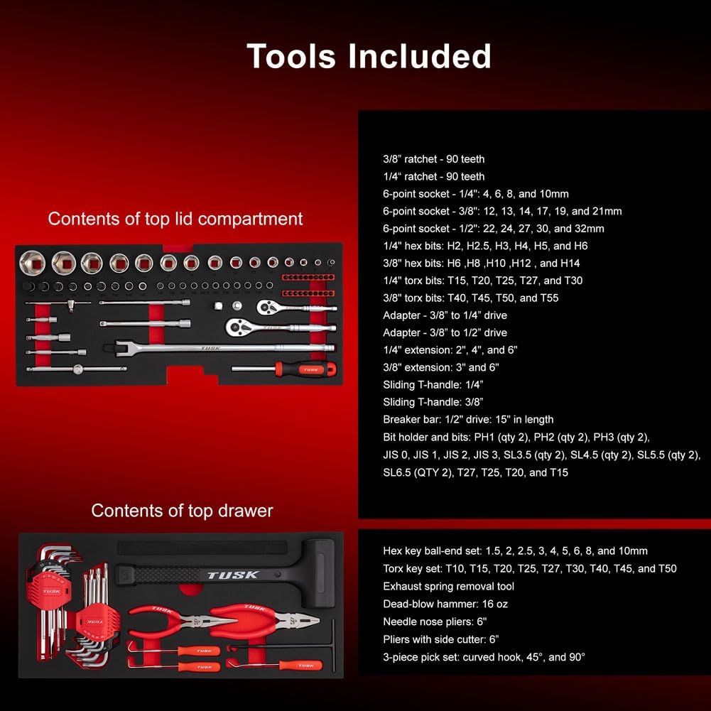 TUSK 3 Drawer Shop Tool Box with Resettable Combo Lock with 129-piece Count Tool Set-Durable Chrome Vanadium Steel