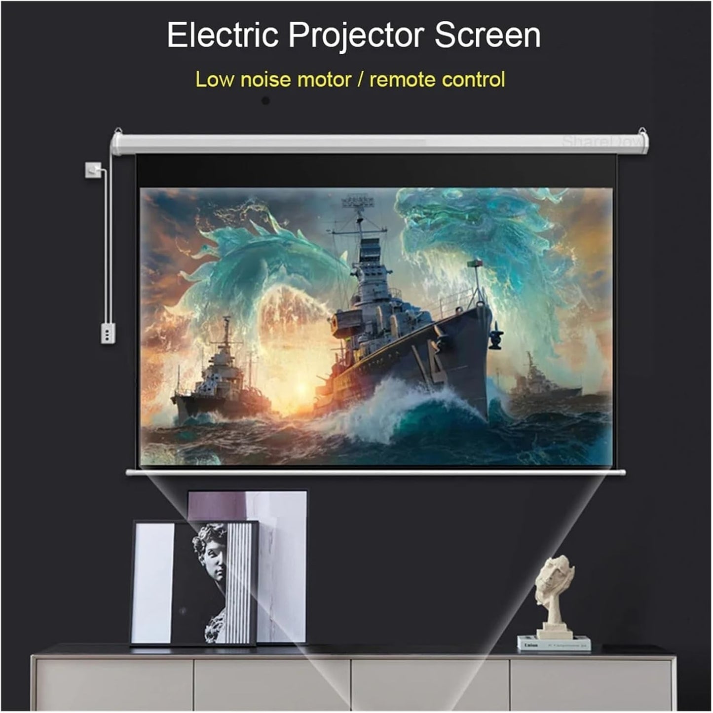 60-84 Inch 16:9 Electric Motorized Drop-Down Projection Screen with 12V Trigger Remote Control for Home Theater(WFG 72 inch)