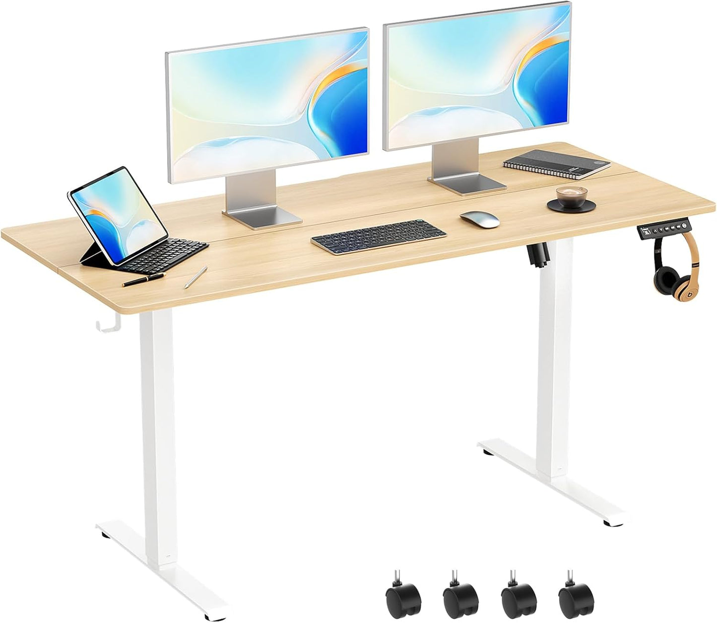 63 x 28 Inch Electric Standing Desk Adjustable Height,Sit Stand Up Desk with Wheels,Home Office,Rising Desk,Computer Workstation, Gaming Work (Spliced Desktop,White)